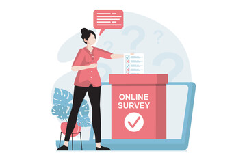 Online survey concept with people scene in flat design. Woman participates in voting, marks choice on form and answers questions in questionnaire. Vector illustration with character situation for web