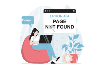 Page not found concept with people scene in flat design. Woman works at laptop and receives information message about error of connection to site. Vector illustration with character situation for web