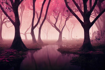 Fantasy forest, sakura blossoming, pink misty lights, beautiful mystical background