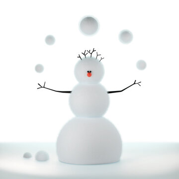 Felt snowman juggles woolen Christmas snowballs