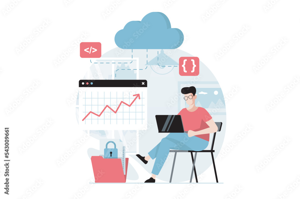 Poster SaaS concept with people scene in flat design. Man uses cloud technologies to exchange data, analyzing data and cloud computing for subscription. Vector illustration with character situation for web