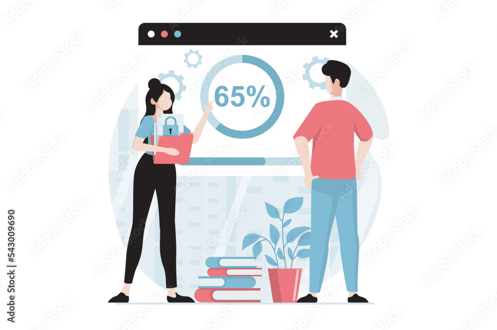 Aufkleber saas concept with people scene in flat design. woman and man work with programs by buying subscripti
