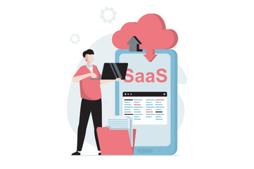 SaaS concept with people scene in flat design. Man uses cloud technologies to exchange data and synchronize files between laptop and mobile phone. Vector illustration with character situation for web
