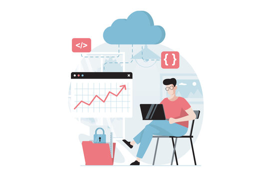 SaaS concept with people scene in flat design. Man uses cloud technologies to exchange data, analyzing data and cloud computing for subscription. Vector illustration with character situation for web