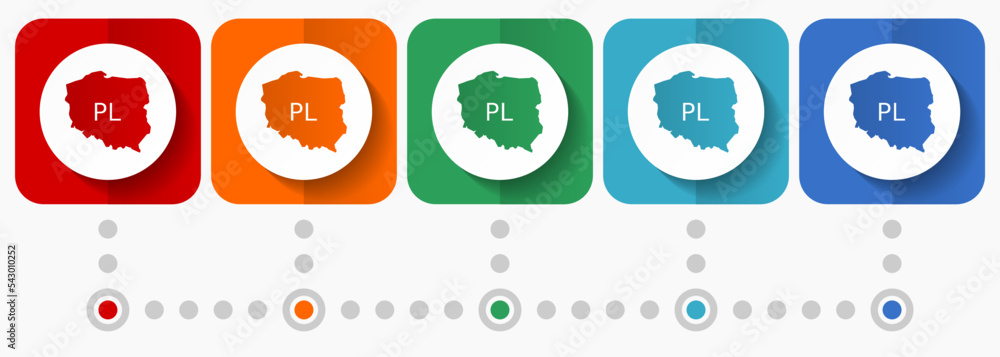 Poster map of poland vector icons, infographic template, set of flat design symbols in 5 color options