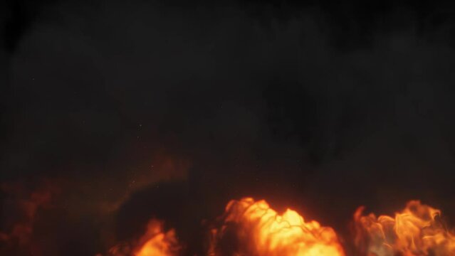 Loop of Flames of fire and ember, sparks on a black background. heavy smoke and hot burning fuel.  campfire, fireplace, bonfire or furnace. 4K loop animation, render