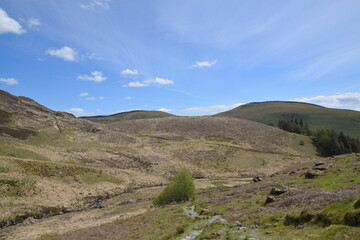 a view looing down in the crater of Cadair Idris with a mountain view behind it