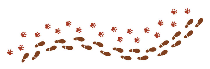 Two trails of brown and red footprints (comics silhuoette shapes of cat paw or similar, together with a man's shoes), going from the left to the right (horizontal orientation).
