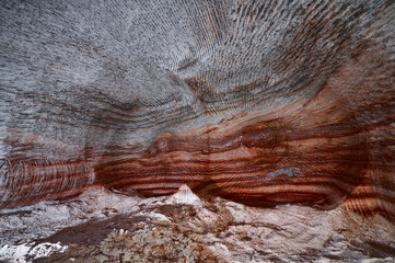 Red and orange patterns on ceiling of sylvinite salt quarry