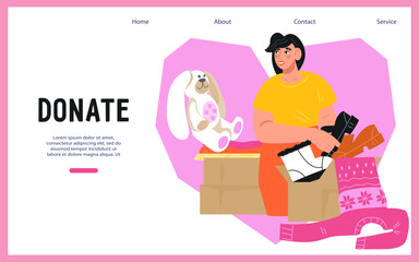 Clothes donation social volunteering campaign banner for website, flat vector illustration. Charity and donations, distribution of clothes and used things to those in need.