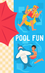 Swimming and pool party for kids, advertising banner design, flat vector illustration. Swimming lessons for children.