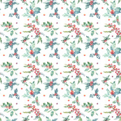 Watercolor Christmas Seamless pattern. Holiday design paper with winter flower poinsettia,holly berry,winter forest, flora lillustration.Botanical wallpaper for greeting card, invitation,poster, flyer