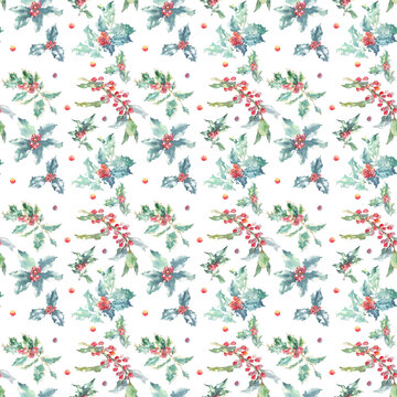 Watercolor Christmas Seamless pattern. Holiday design paper with winter flower poinsettia,holly berry,winter forest, flora lillustration.Botanical wallpaper for greeting card, invitation,poster, flyer © Catherine