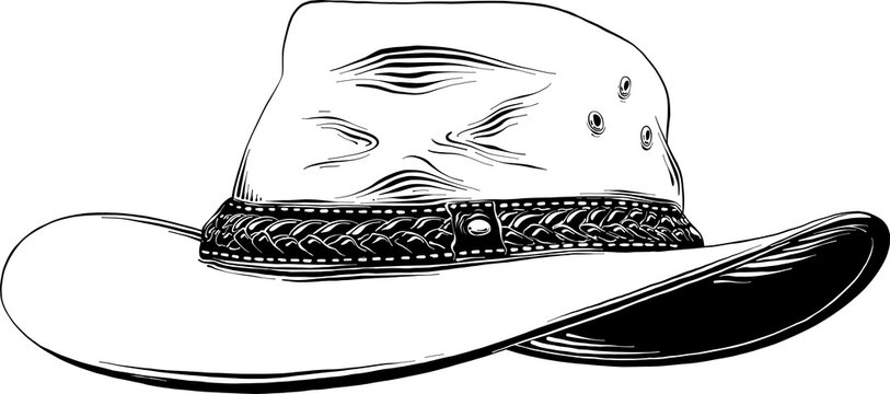 PNG engraved style illustration for posters, decoration and print. Hand drawn sketch of western cowboy hat in black isolated on white background. Detailed vintage etching style drawing.	
