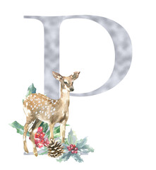 Christmas alphabet illustration, watercolor silver letter P. Woodland winter forest animal,stag, fawn, poinsettia, holly berry. Floral animal alphabet for holiday greeting card, invite,monogram diy
