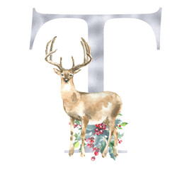 Christmas alphabet illustration, watercolor silver letter T. Woodland winter forest animal,stag, fawn, poinsettia, holly berry. Floral animal alphabet for holiday greeting card, invite,monogram diy