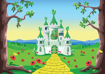 Obraz na płótnie Canvas Emerald city and yellow brick road on a fairy tale background. Vector illustration of an emerald castle.