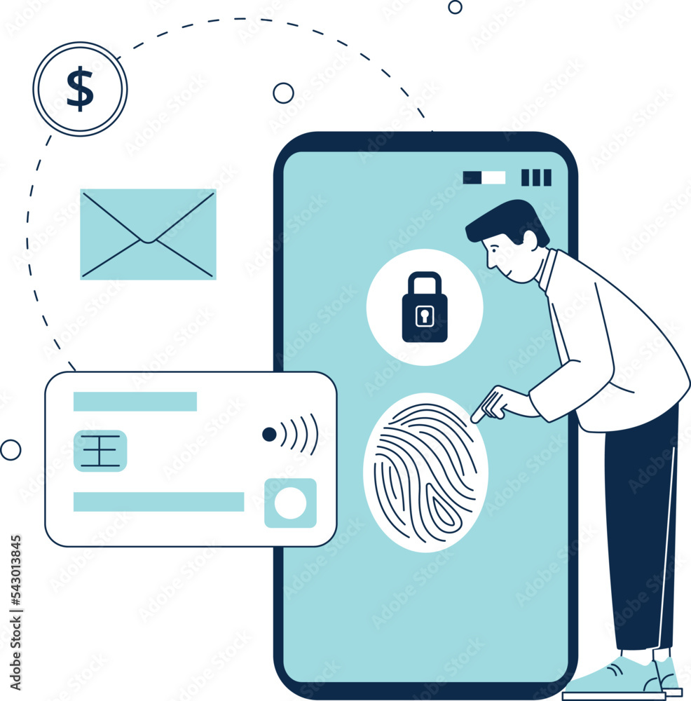 Poster man with smartphone protected with fingerprint lock. cyber security