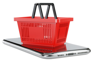 Online buying and delivery. Red shopping basket on smartphone. Render 3d. PNG