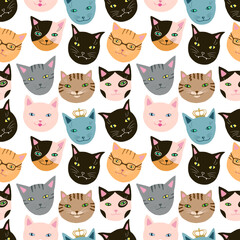 Seamless pattern with funny cats muzzles set. Hand drawn cute kittens head clip art. Kitty breeds collection background. Vector artistic cartoon simple pets.