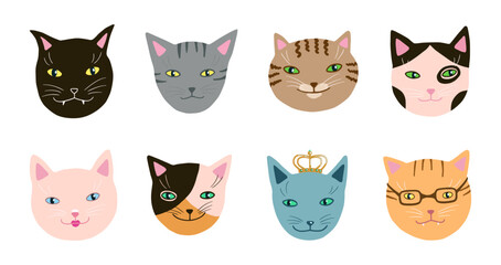 Fototapeta premium Funny cats muzzles set. Hand drawn cute kittens head clip art. Kitty breeds collection. Vector artistic cartoon simple pets.