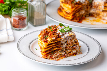 Turkish Food Kayseri Yaglama with Minced Meat, Yogurt and Tomato Paste