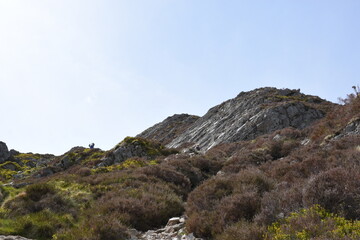 a view looing down in the crater of Cadair Idris with a mountain view behind it