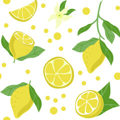 Seamless pattern of bright lemons, hand-drawn elements. Summer. Yellow lemons with leaves and flowers on white background. Lemonade. Suitable for textiles and packaging.