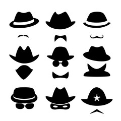 Icons of criminals and police officers. Incognito. Detectives. Poirot, Inspector Jeff, Professor Marriarty. Collection of famous, anonymous and strangers. Simple vector, isolated on white background.
