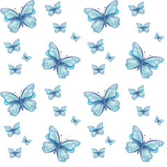 Obraz na płótnie Canvas Watercolor seamless pattern from hand painted illustration of blue butterflies with spread wings. Flying insect moth. Simple tender print on white background for fabric textile, wallpaper, postcards