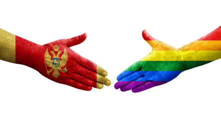 Handshake between LGBT and Montenegro flags painted on hands, isolated transparent image.