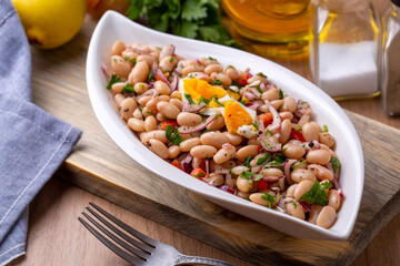 Traditional delicious Turkish food; Kidney beans with olive oil, Red kidney bean stew, Turkish name; Barbunya pilaki