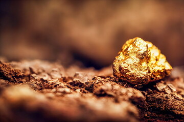 Spectacular and realistic closeup of gold nuggets on the floor. gold find. 3D digital rendering.