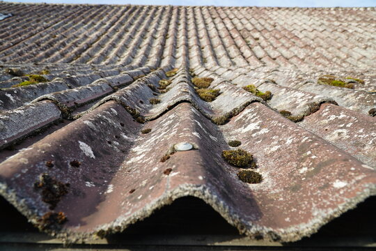 Roof covering with dangerous asbestos, eternit as building material. In many countries this material is due to cancer risk from microfibers banned. Ehlbeck Rehlingen, L&uuml;neburg County, Germany.