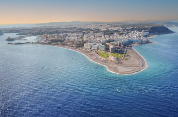 Aerial birds eye view photo taken by drone of Rodos island town Elli beach and peninsula a popular...