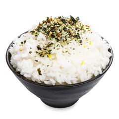 rice in black bowl with Japanese spices isolated on white background, traditional asian food