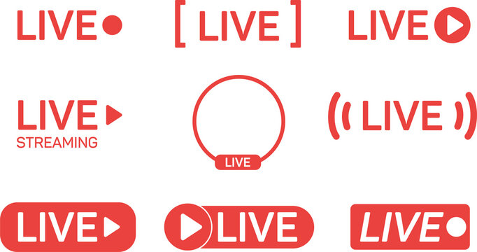 Red live buttons. Live symbol, badge, sign, label, sticker template. Social media concept. Live streaming. Illustration