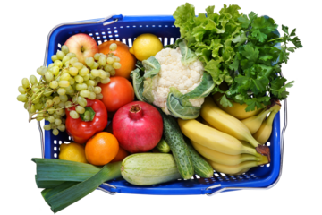 Blue basket with fruits and vegetables isolated on a transparent background