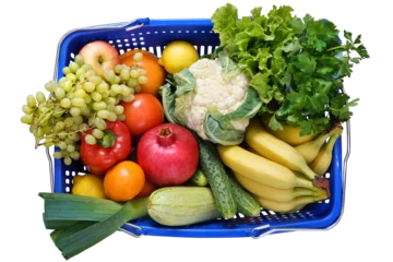 Gordijnen Blue basket with fruits and vegetables isolated on a transparent background © hacohob
