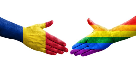 Handshake between LGBT and Romania flags painted on hands, isolated transparent image.
