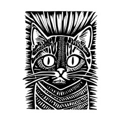 head of a cat in the style of lino print artwork for printing design, animal illustration card