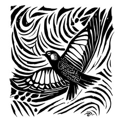 Hand drawn linocut style trendy and expressive vector sketch of flying bird ink dove illustration.  Bird icon img. Bird icon design. Bird icon apps.