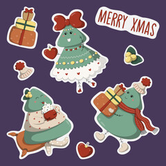 Sticker pack Merry XMAS adventure of Christmas tree in cartoon design