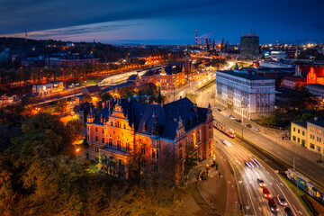 The Main Town of Gdansk with the City Hall and a Main Railway Station at dusk, Poland