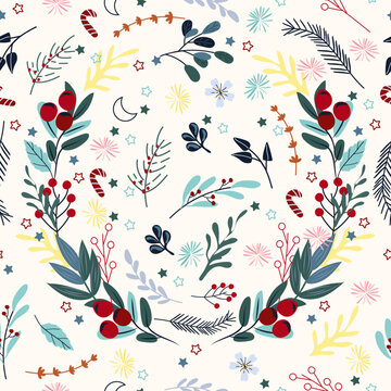 Christmas seamless patterns with red berries, colorful leaves around, stars. Bright winter pattern can be used as textile, fabric, wallpaper, banner and other. Vector.
