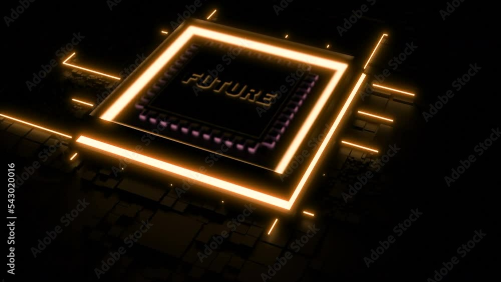Poster abstract visualization of future digital technologies. design. glowing micro chip of a computer.