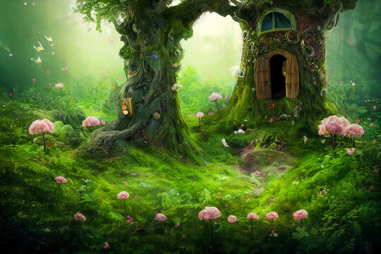 A fairy tale house is built in the trunk of a tree, and it's a dreamy image for children when they hear the story of the elves and fairies who live there.