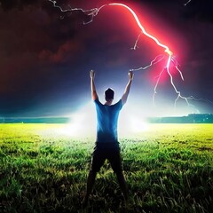 Fototapeta na wymiar A man stands in a flash of lightning with his hands raised to the sky. Field with green grass. The last person on earth. Apocalypse.