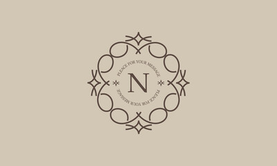 Elegant monogram with the letter N in the center and space for text. Vector illustration. Geometric ornament, luxury sign, emblem of restaurant, boutique, cafe, hotel