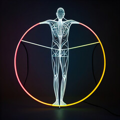 The vitruvian man is a famous art piece made of brightly lit light tubes. It shows the perfect proportions of the human body and is an allegorical symbol of humanism and rationality. - obrazy, fototapety, plakaty